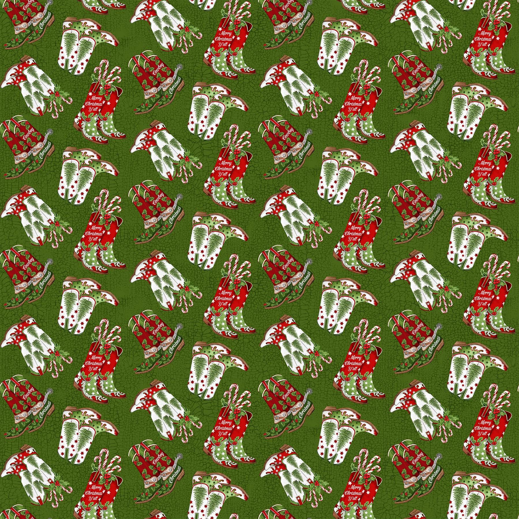 Howdy Christmas - Cowboy Boots on Green with Candy Canes