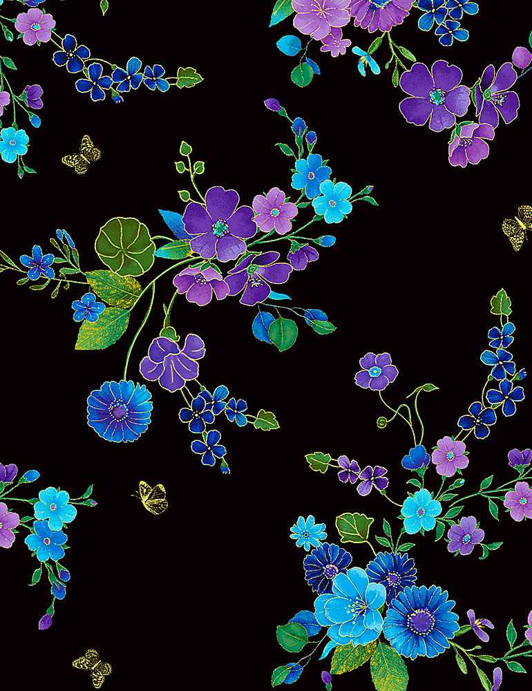 Utopia - Blue Floral's Tossed on Black with Gold Metallic