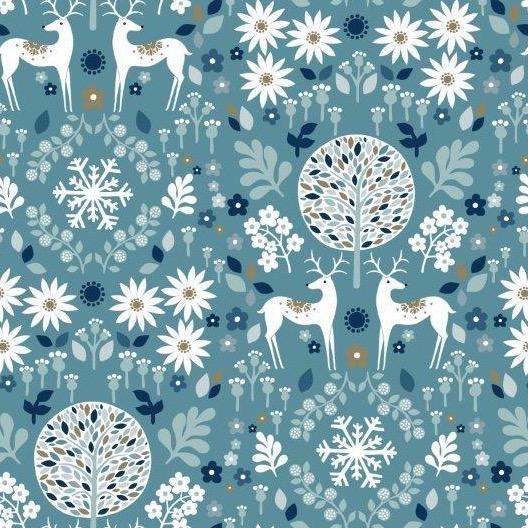 Reindeer with Winter Flora's and Trees on Blue