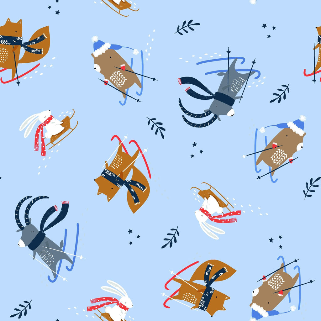 Snow Much Fun - Forest Animals Skiing on Light Blue