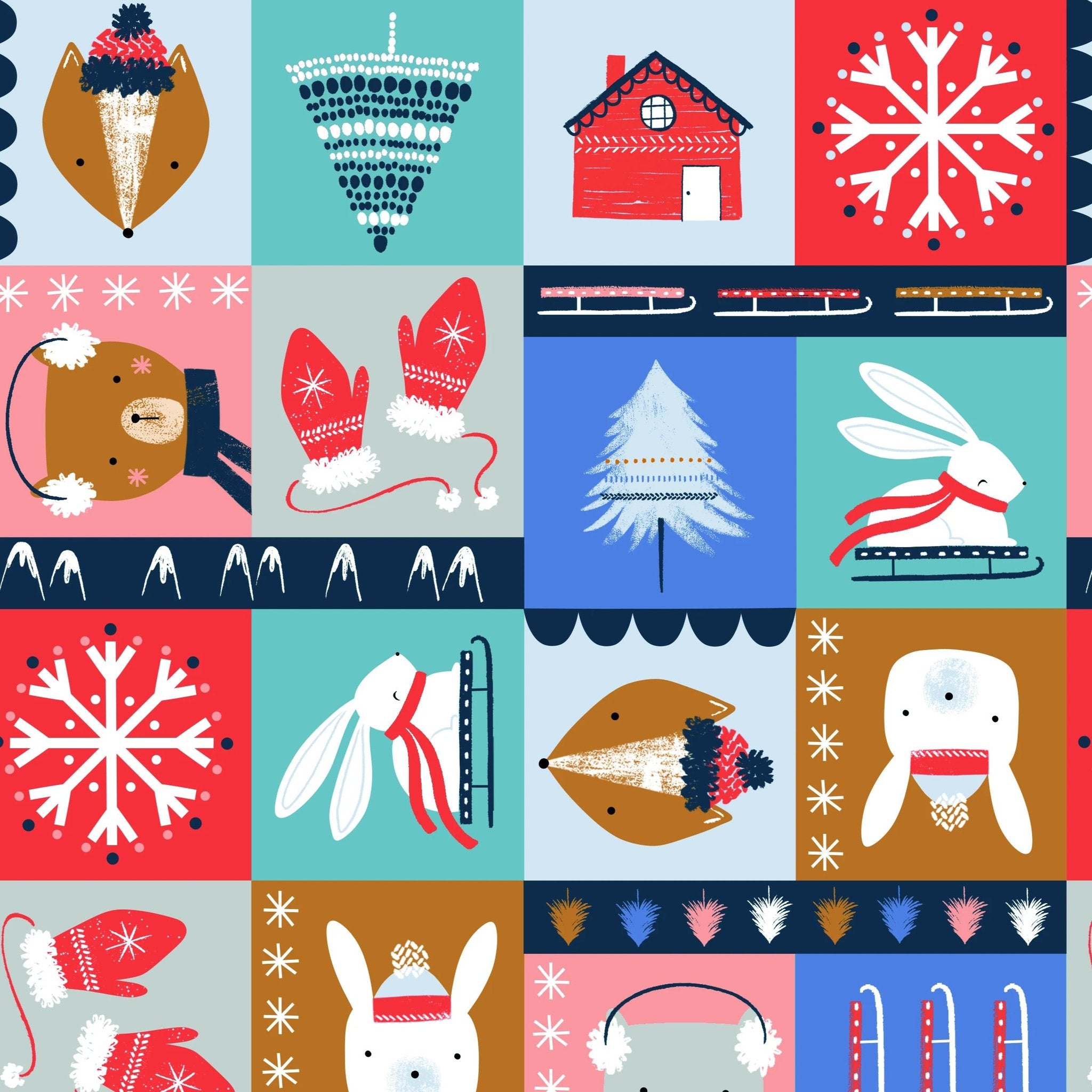 Snow Much Fun - Forest Animals Winter Fun Blocks on Multi-Colour-Fat Eighths